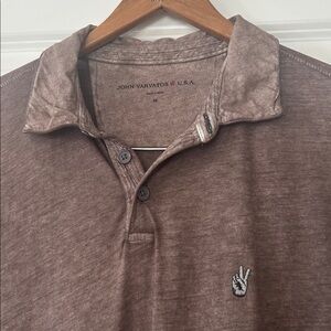 John Varvatos Peace Sign Garment Dyed Brown Polo Sz M w MEASUREMENTS